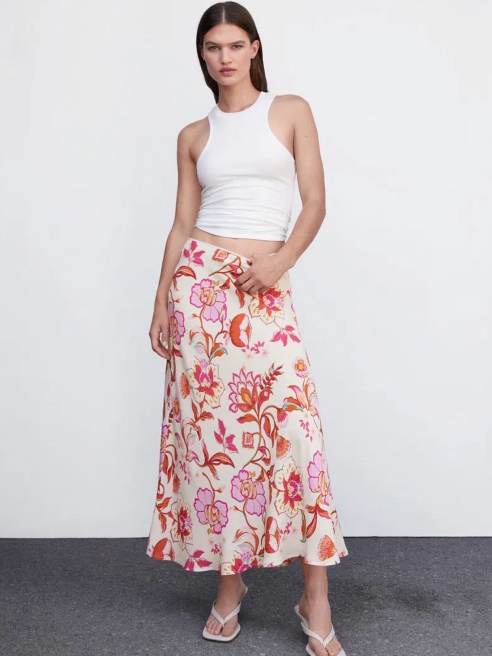 Mango Floral Midi A-Line Skirt in Cream with Pink & Orange Print. Size Small